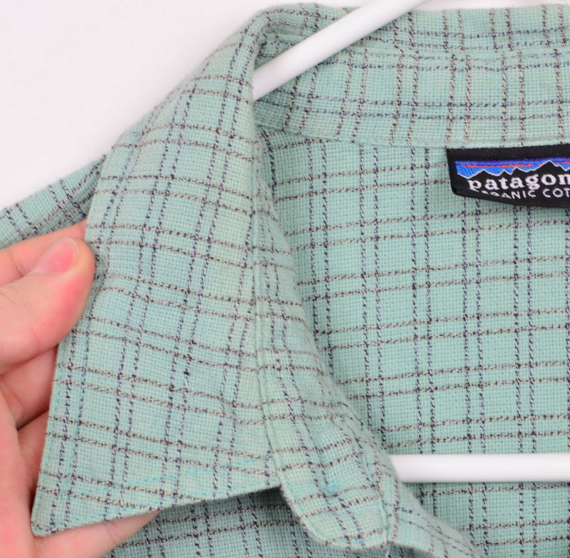 Vtg 90s Patagonia Men's Sz Medium Organic Cotton Teal Green Plaid Polo Shirt