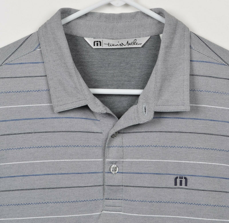 Travis Mathew Men's Sz Large Gray Striped Cotton Polyester Blend Golf Polo Shirt