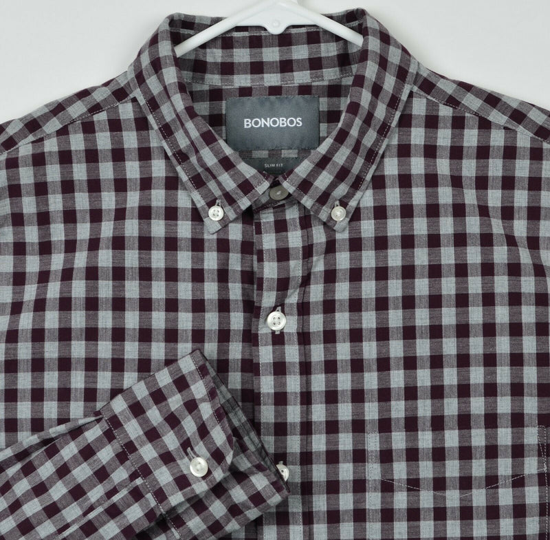 Bonobos Men's Medium Slim Fit Burgundy Gray Plaid Check Button-Down Shirt