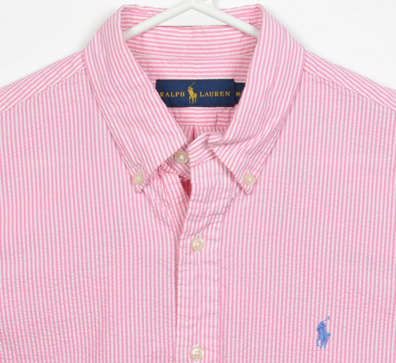 Polo Ralph Lauren Men's Medium Seersucker Pink Striped Pony Button-Down Shirt