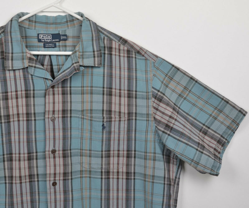 Polo Ralph Lauren Men's 2XL Teal Blue Gray Plaid Loop Collar Caldwell Shirt
