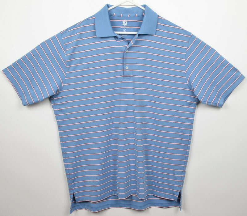 Turtleson Tour Performance Men's Large Blue Pink Striped Wicking Golf Polo Shirt