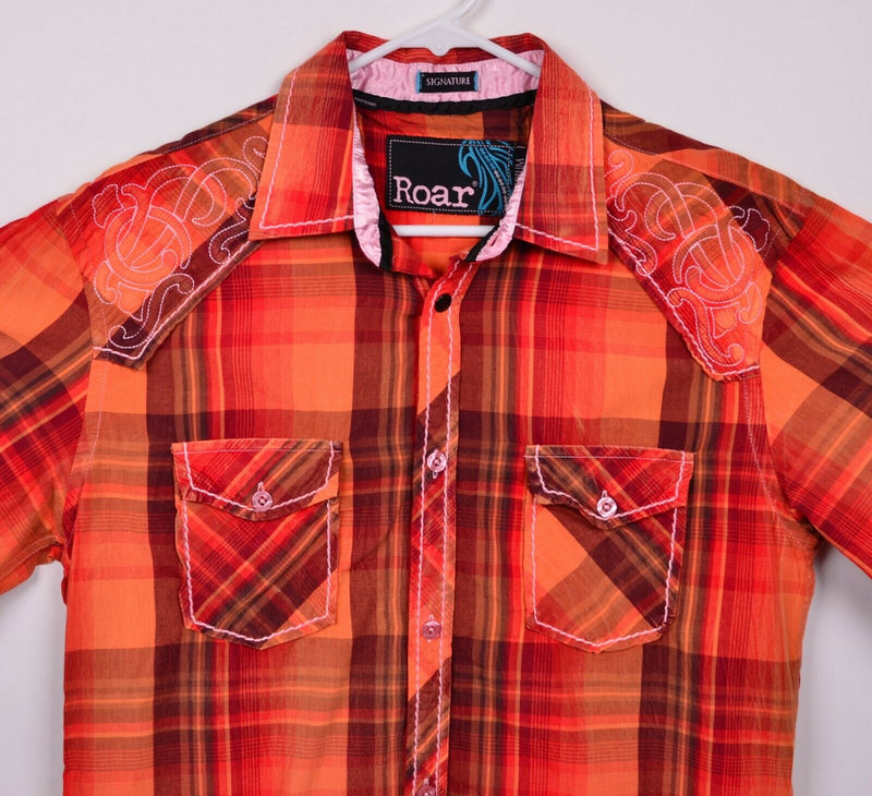 Roar Signature Men's Sz Medium Orange Plaid Cross Embossed Shirt