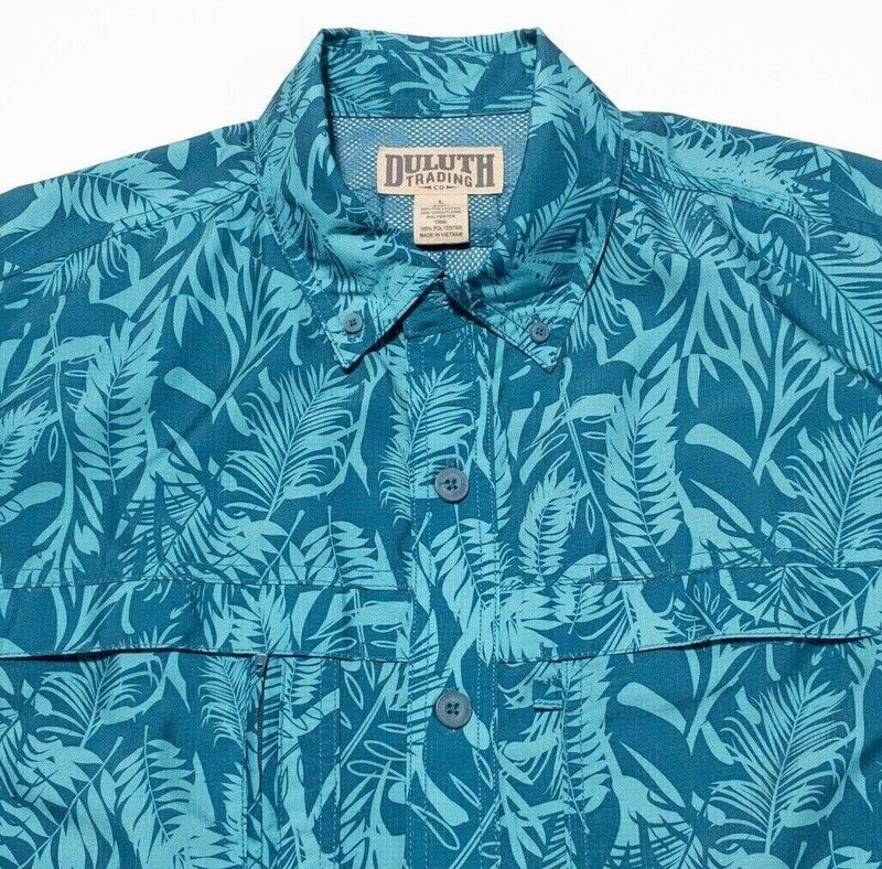 Duluth Trading Fishing Shirt Large Men's Vented Floral CoolPlus Teal Blue Casual