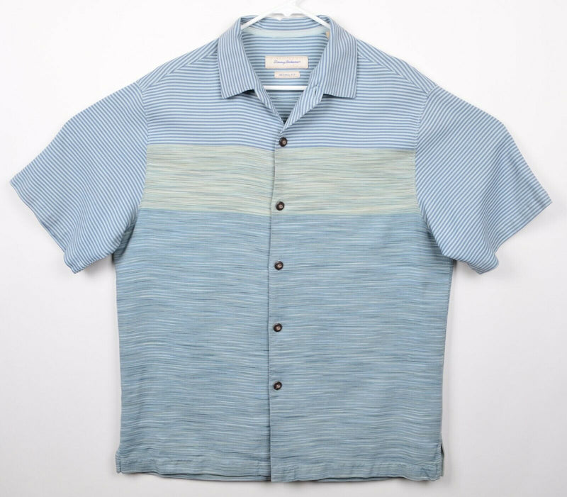 Tommy Bahama Men's Sz Large 100% Silk Blue Green Striped Hawaiian Aloha Shirt