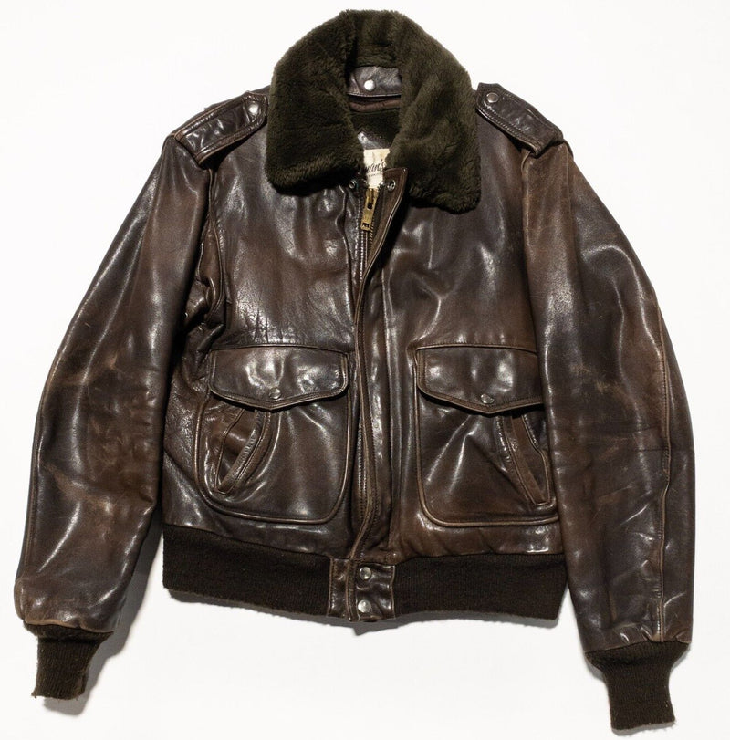 Berman's Leather Bomber Jacket Mens 42 Full Zip Brown Worn Distressed Fur Collar