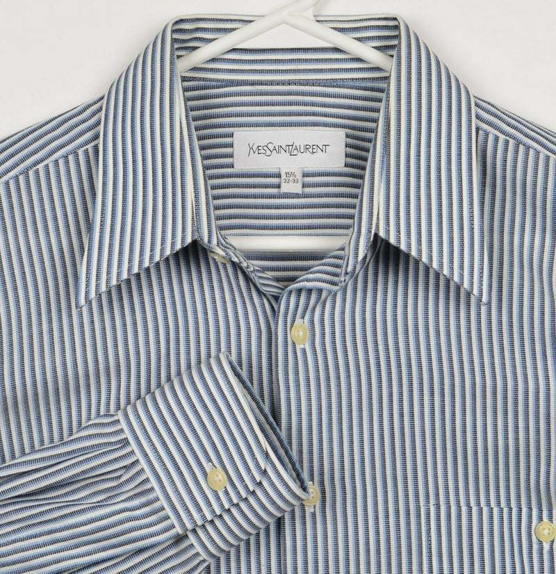 Vintage Yves Saint Laurent Men's 15.5 32-33 Blue Striped Wrinkle Resistant Shirt
