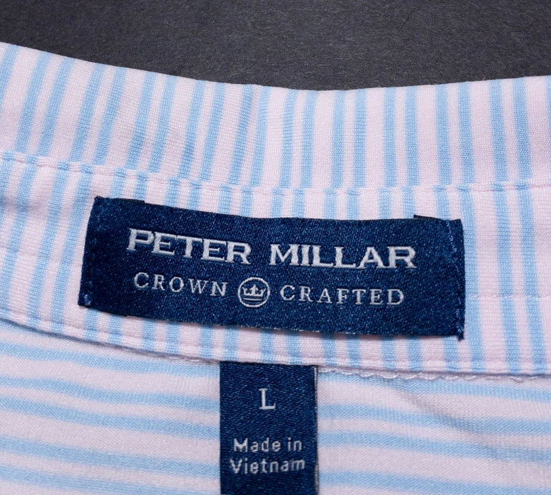 Peter Millar Crown Crafted Polo Mens Large Pink Blue Striped Wicking Sleeve Logo