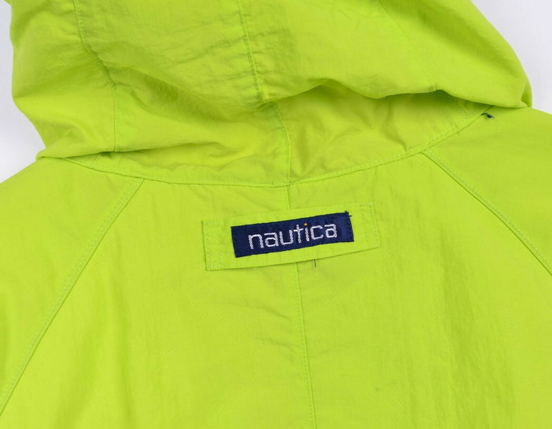 Vintage 90s Nautica Men's Large Rain Forest Neon Green Hooded Rain Jacket