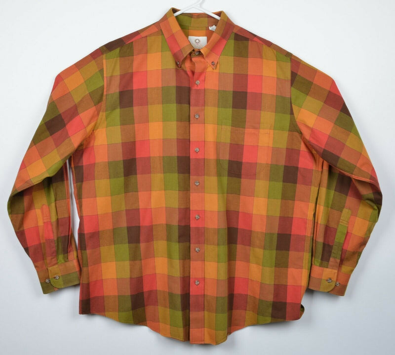 Viyella Men's XL Cotton Wool Blend Orange Green Plaid Check Button Flannel Shirt