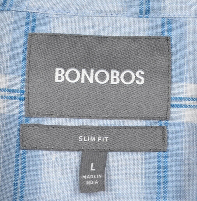Bonobos Men's Large Slim Fit Linen Blend Blue Plaid Button-Front Shirt