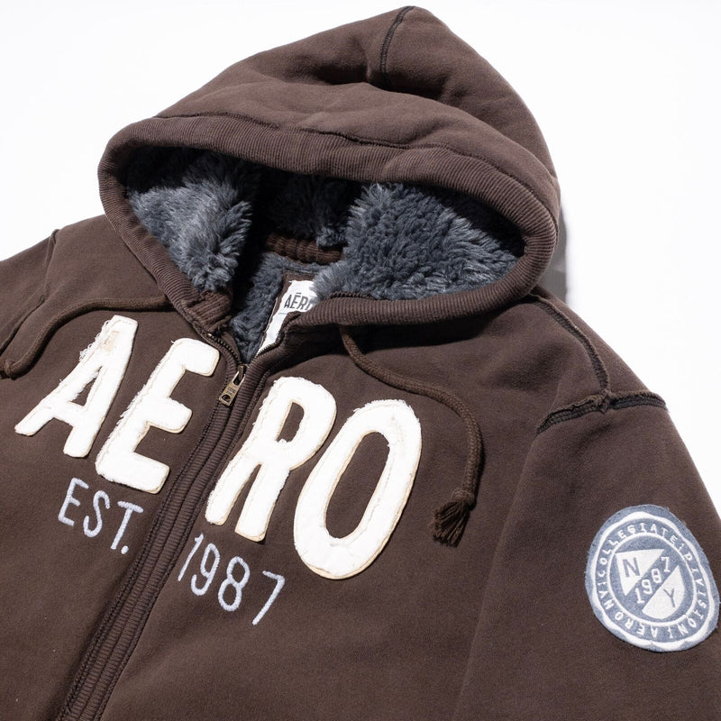 Aeropostale Fur Lined Hoodie Jacket Men's 2XL Brown Y2K Logo Sherpa Sweatshirt