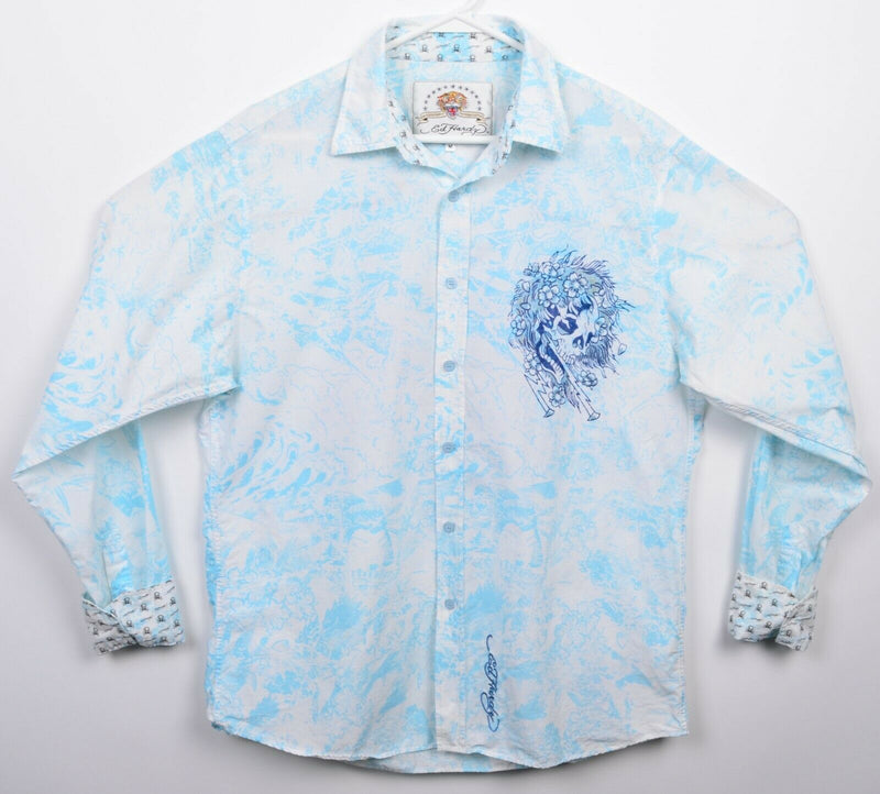 Ed Hardy Men's Medium Skull Graphic Flip Cuff Blue White Button-Front Shirt