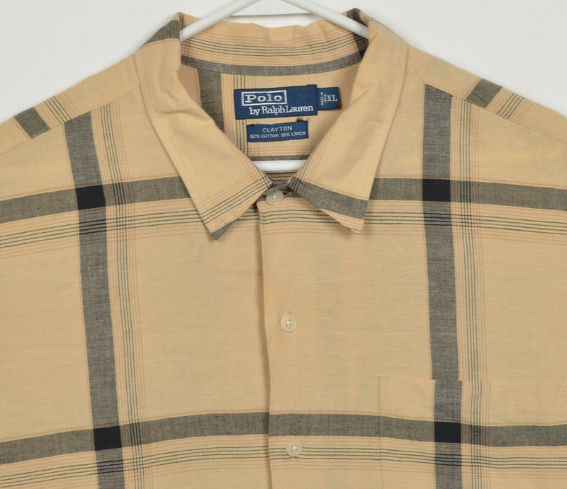 Polo Ralph Lauren Men's XL Cotton Linen Blend Beige Plaid Clayton Camp Shirt