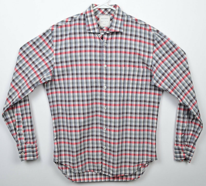 Billy Reid Men's Small Slim Fit Gray Red White Check Designer Button-Front Shirt