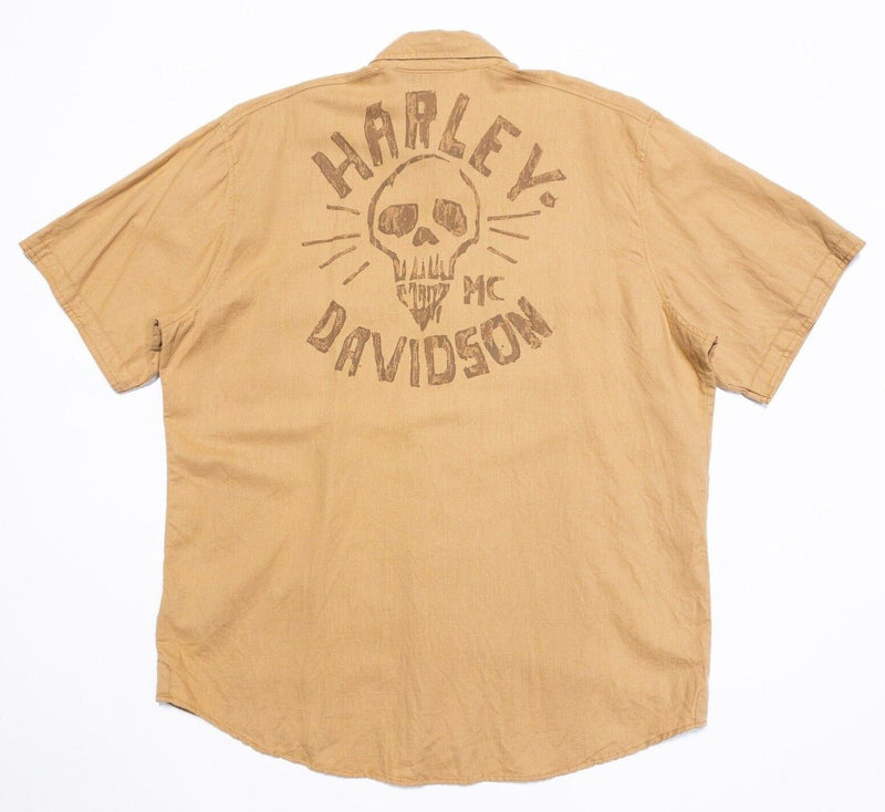 Harley-Davidson Skull Shirt XL Men's Button-Up Linen Blend Biker Garage HDMC