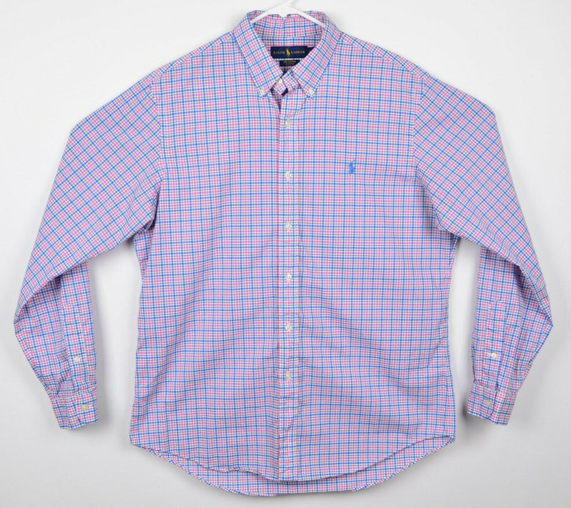 Polo Ralph Lauren Men's Sz Large Stretch Pink Blue Plaid Long Sleeve Shirt