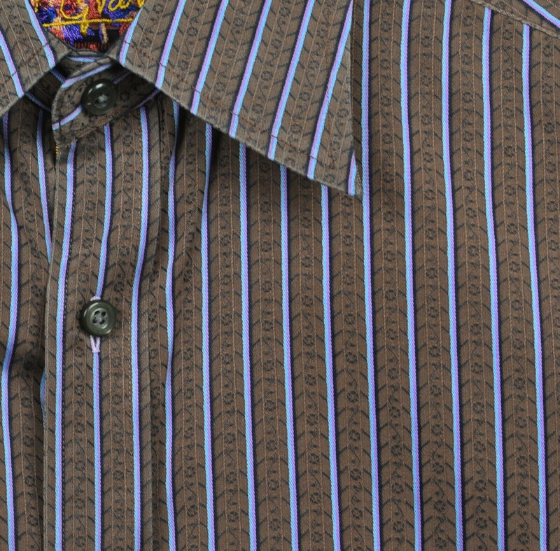 Robert Graham Men's Large Flip Cuff Brown Striped Designer Button-Front Shirt