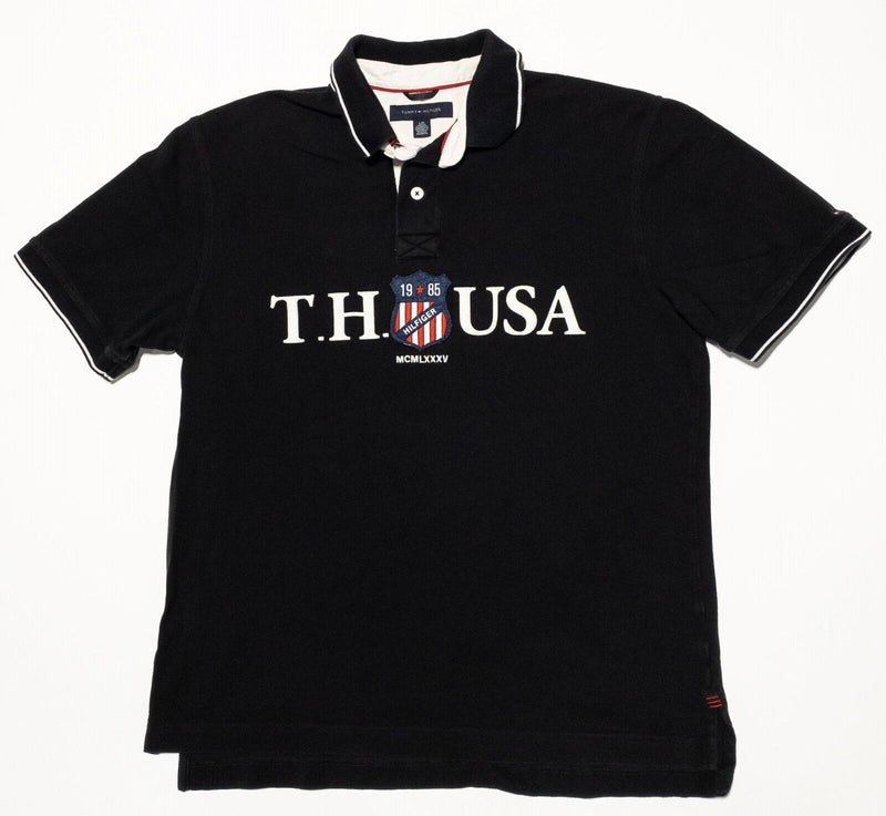 Tommy Hilfiger Rugby Polo Shirt Men's Large USA Embroidered Black Vintage 90s