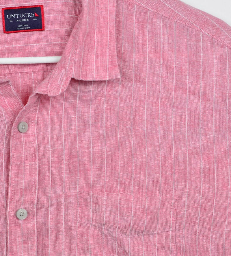 UNTUCKit Men's Sz XL 100% Linen Salmon Pink Striped Short Sleeve Shirt