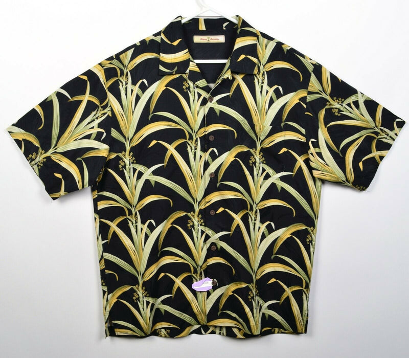 Tommy Bahama Men's Medium 100% Silk Floral Palm Yellow Black Hawaiian Shirt