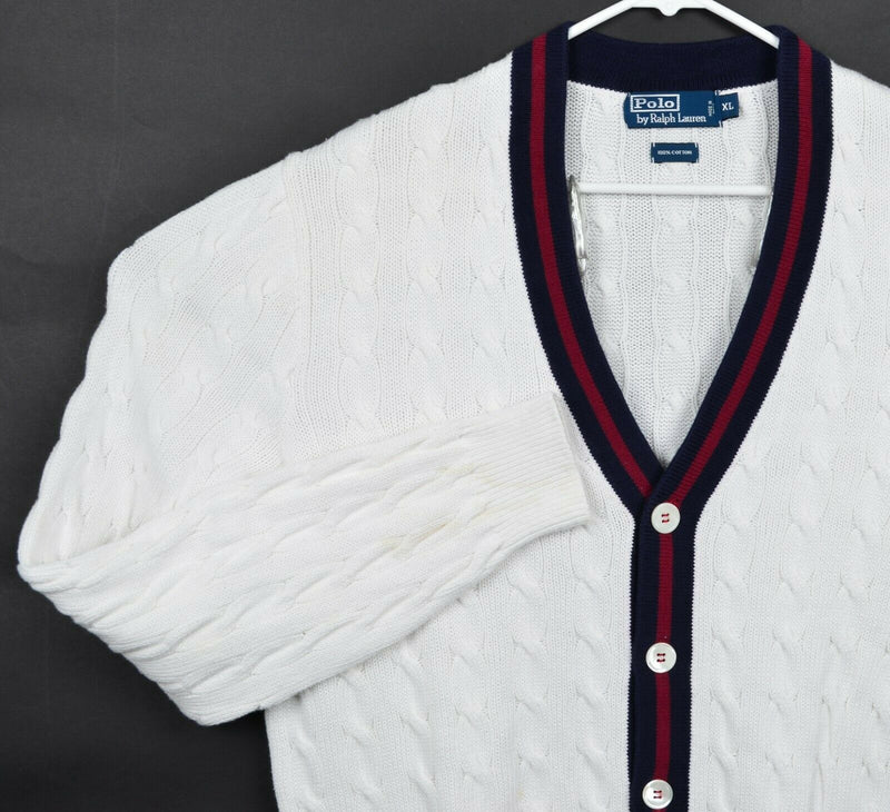 Polo Ralph Lauren Men's XL White Navy Red Button Cable-Knit Cardigan Sweater