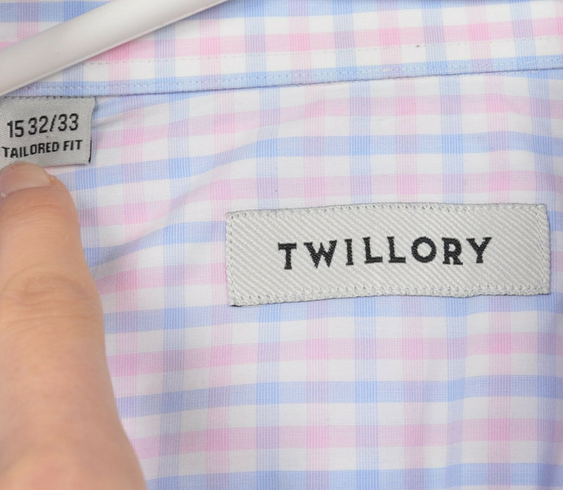 Twillory Men's 15 32/32 Tailored Fit Pink Blue Plaid Check Spread Dress Shirt