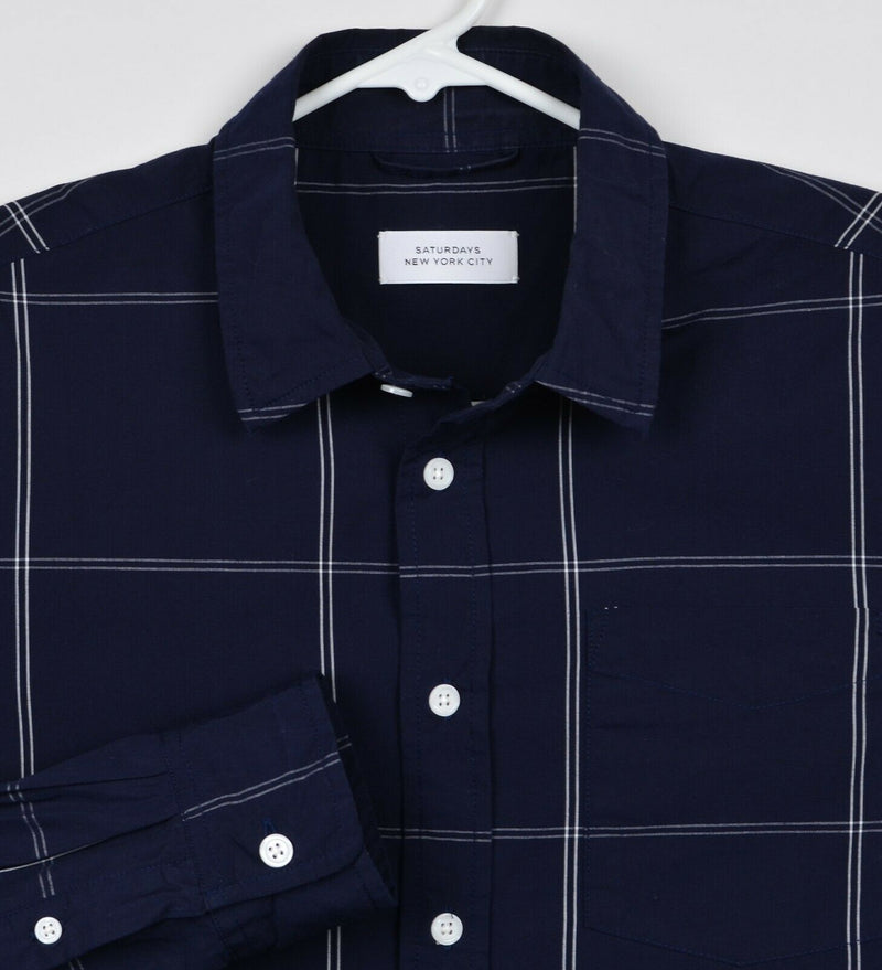 Saturdays New York City Men's Small Navy Blue Plaid NYC Button-Front Shirt