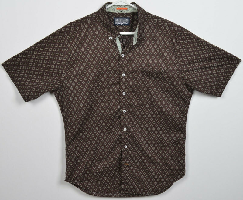 Reyn Spooner Men's Large Brown Geometric Cotton Button-Down Hawaiian Shirt