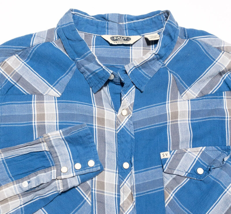 Salt Valley Western Shirt XL Men's Pearl Snap Blue Gray Plaid Rockabilly