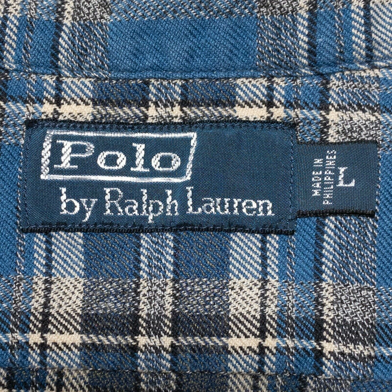 Polo Ralph Lauren Flannel Shirt Loop Collar Blue Plaid Button-Front Men's Large