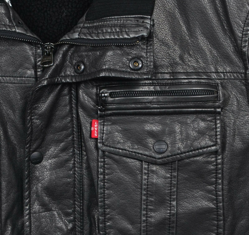 Levi's Men's XL Black Faux Leather Faux Fur Lined Black Zip Snap Bomber Jacket