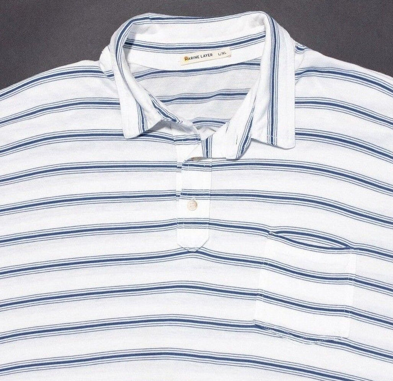 Marine Layer Polo L/XL Men's Shirt White Blue Striped Pocket Short Sleeve Modal