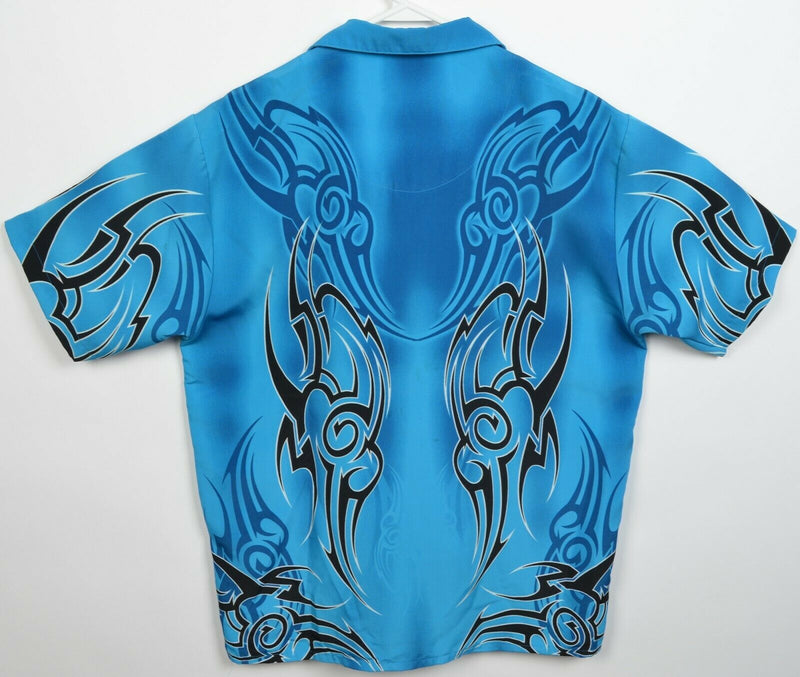 Dragonfly Clothing Men's Medium Blue Tribal Flames Y2K 90s Polyester Camp Shirt
