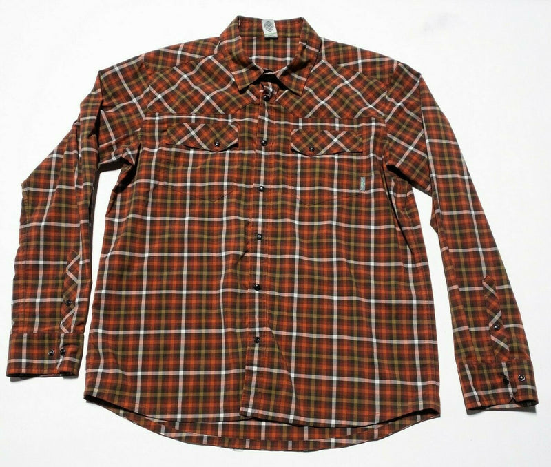 Stio Pearl Snap Nylon Blend Shirt Orange Brown Check Rockabilly Men's Large