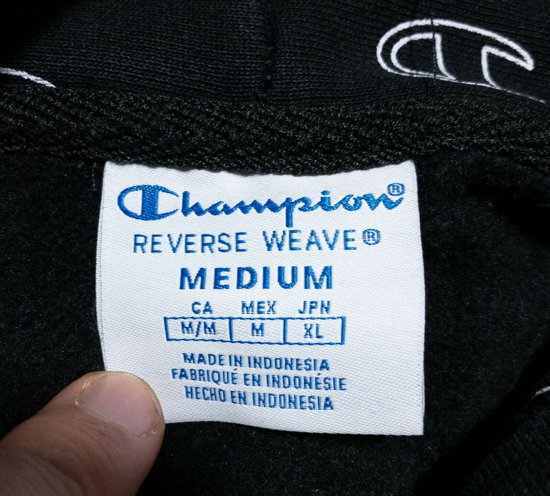 Champion Reverse Weave Men's Medium Logo All Over Print Black Hooded Sweatshirt