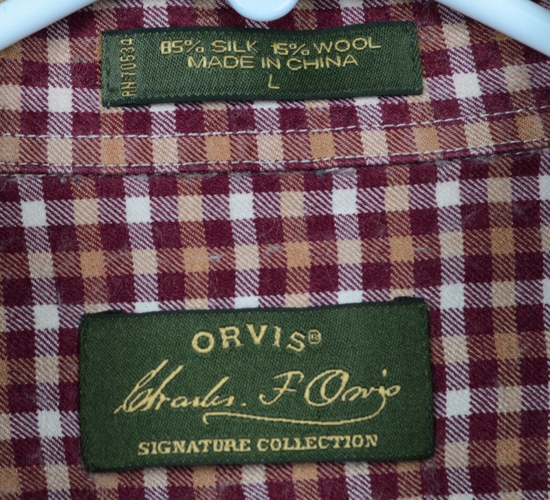 Orvis Signature Men's Sz Large Silk Wool Blend Brown Burgundy Red Plaid Shirt