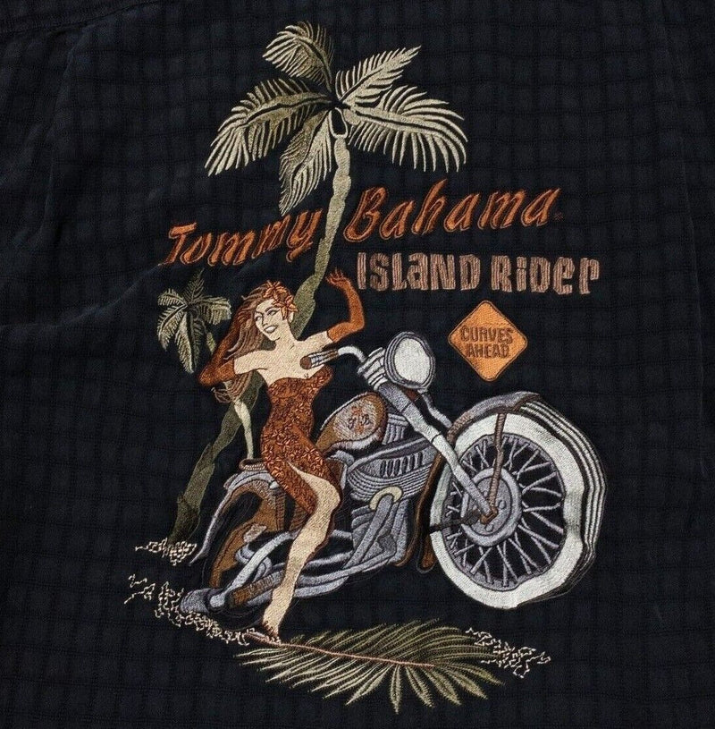 Tommy Bahama Embroidered Silk Shirt Medium Mens Island Rider Motorcycle Hawaiian