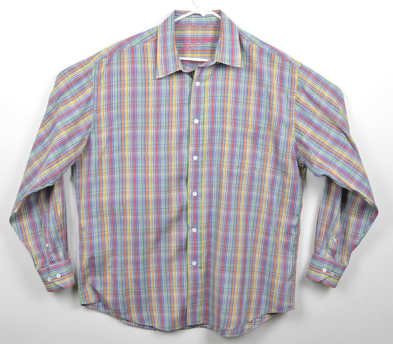 Bugatchi Uomo Men's Sz XL Multi-Color Plaid Red Yellow Green Button-Front Shirt