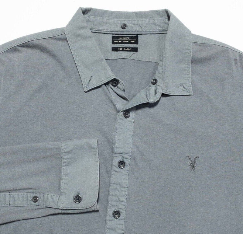 AllSaints Henley Men's Large Collared Shirt Long Sleeve Ramskull Logo Stone Gray