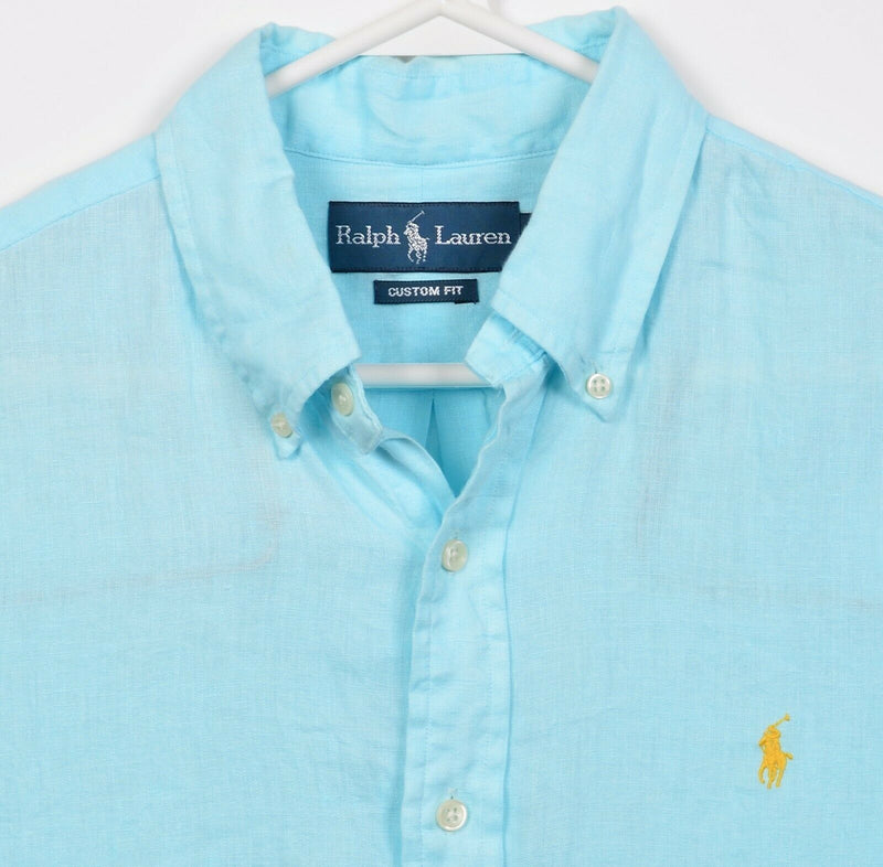 Polo Ralph Lauren Men's Medium 100% Linen Solid Aqua Blue Button-Down Shirt