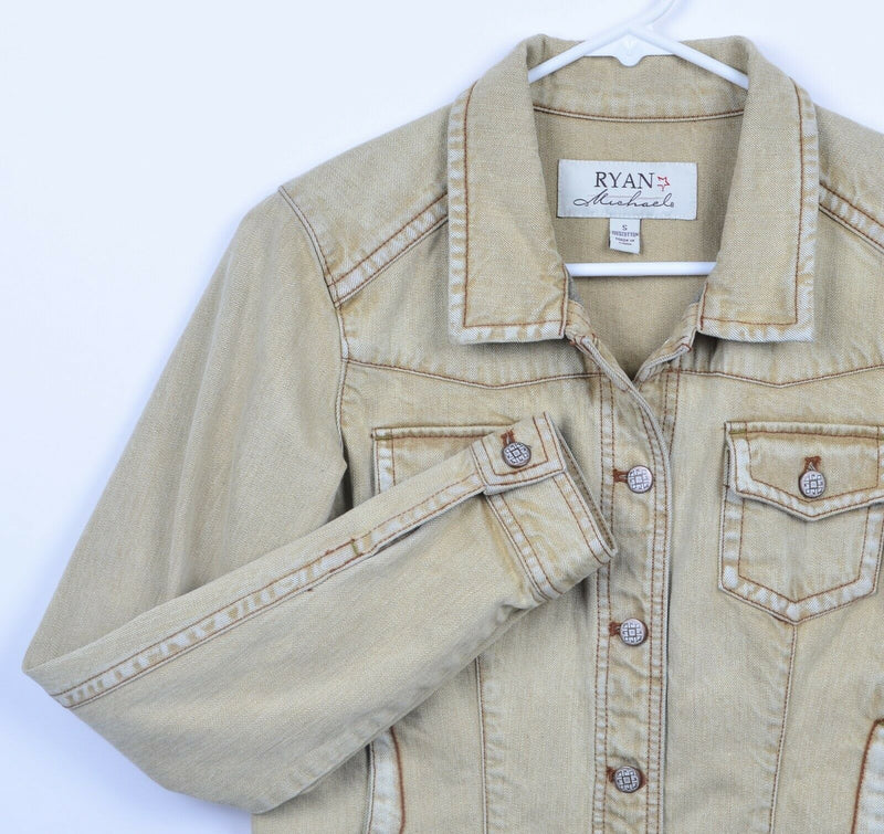 Ryan Michael Women's Small Tan Distressed Denim Button-Front Western Jacket