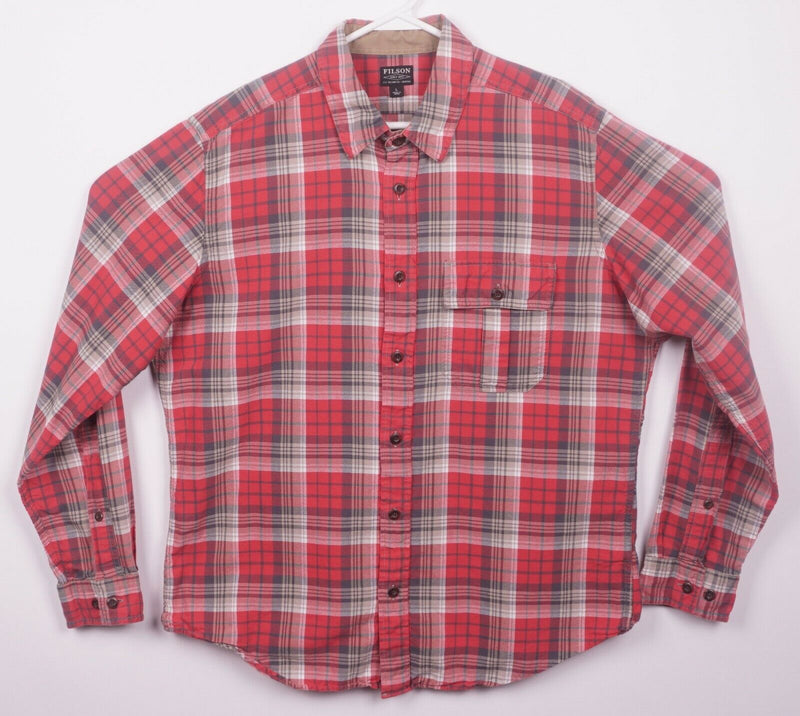 CC Filson Men's Large Red Brown Gray Plaid Long Sleeve Button-Front Shirt