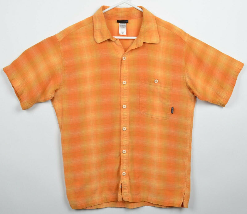 Patagonia Organic Cotton Men Medium Orange Plaid Crinkle Button-Front A/C Shirt