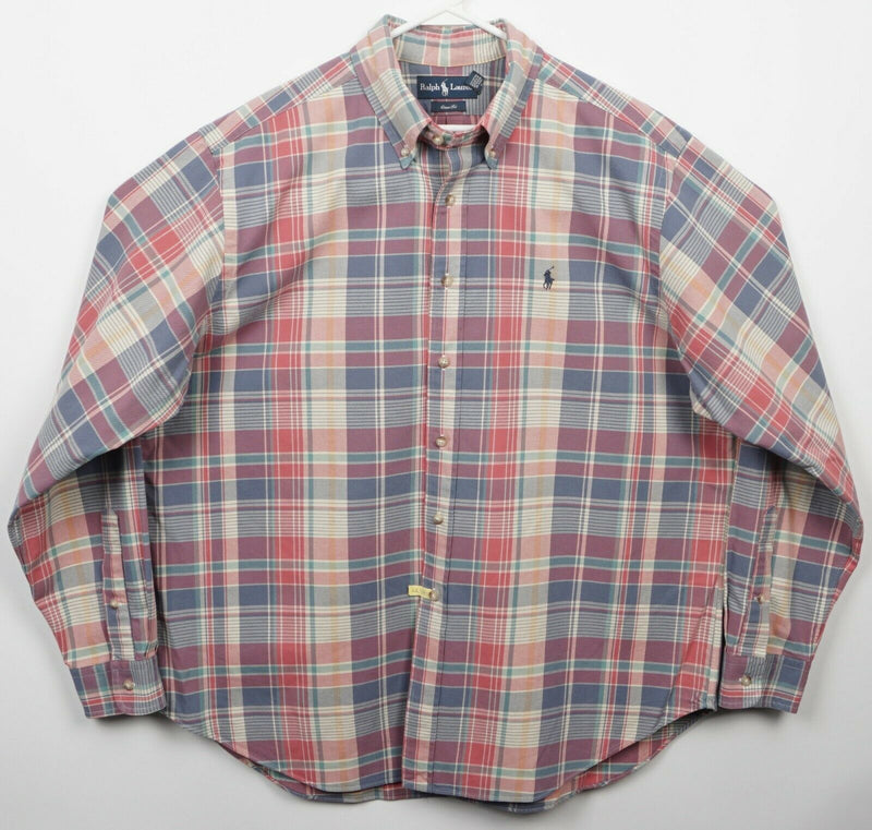 Polo Ralph Lauren Men's 2XL Classic Fit Peach Pink Blue Plaid Button-Down Shirt