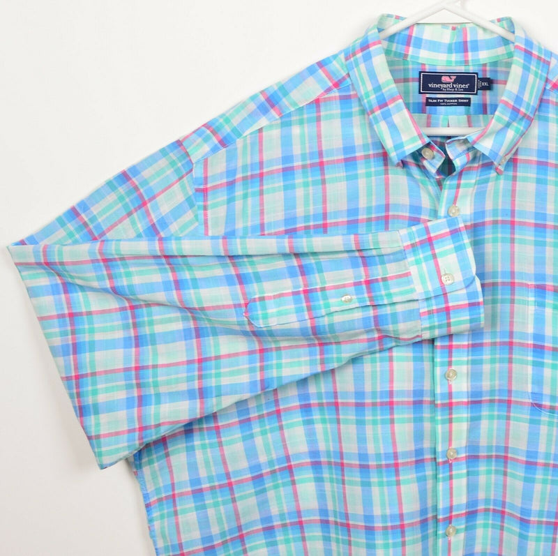 Vineyard Vines Men's 2XL Slim Fit Blue Green Red Plaid Whale Preppy Tucker Shirt