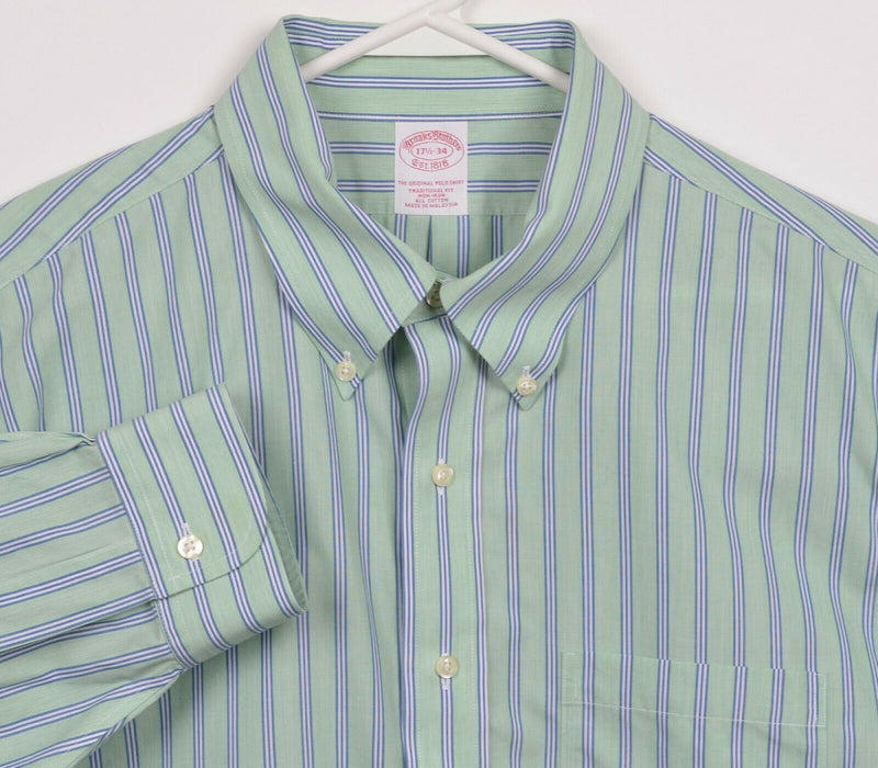 Brooks Brothers Men's 17.5 Non-Iron Green Blue Striped Button-Down Dress Shirt