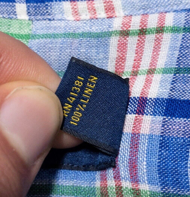 Polo Ralph Lauren Linen Shirt Large Men's Plaid Blue Colorful Button-Down