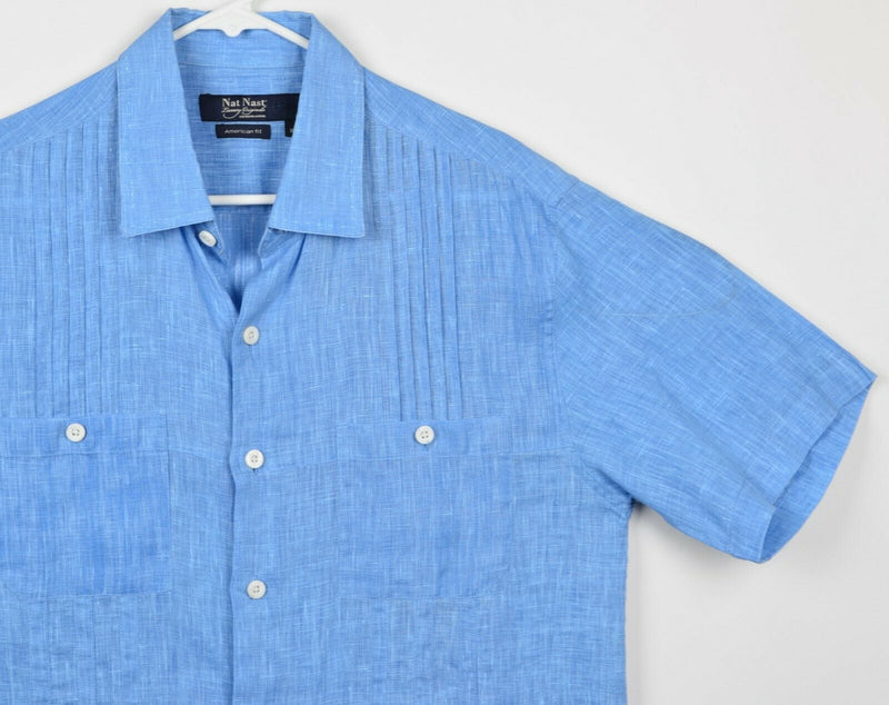 Nat Nast Men's Sz Medium American Fit 100% Linen Blue Ruffle Bowling Camp Shirt