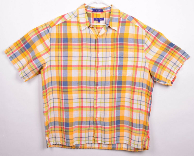 Alan Flusser Men's Sz XL Linen Blend Multicolor Plaid Short Sleeve Shirt